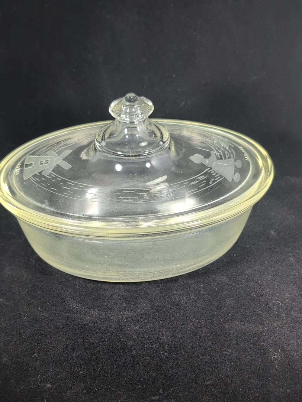 Pyrex Vintage Oval Acid Etched Dutch girl With Goose and Windmill